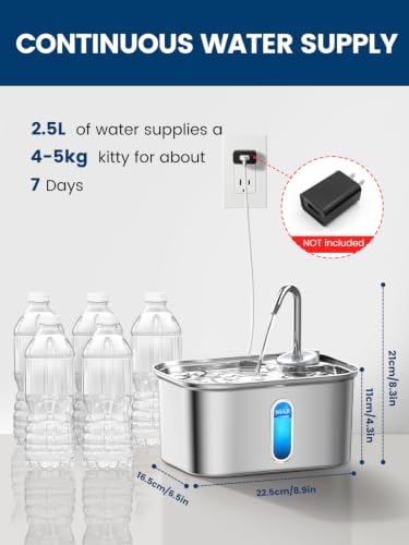 Cat Water Fountain Stainless Steel for Cats Indoor 2.5L 85oz by BPA-Free SUS304, Effective 6-Layer Filter Cat Fountain for Drinking 20dB Ultra Quiet Metal Pet Water Fountain (Fountain+1 Filter) - Image 4