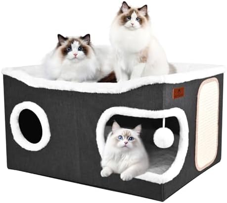Extra Large Cat Beds for Indoor Cats, Covered Cat Cave Beds & Furniture with Scratch Pad and Fluffy Ball, Foldable Cat Condo with Reversible Cushion for Multi Small Pet Large Kittens, Dark Grey by Unknown