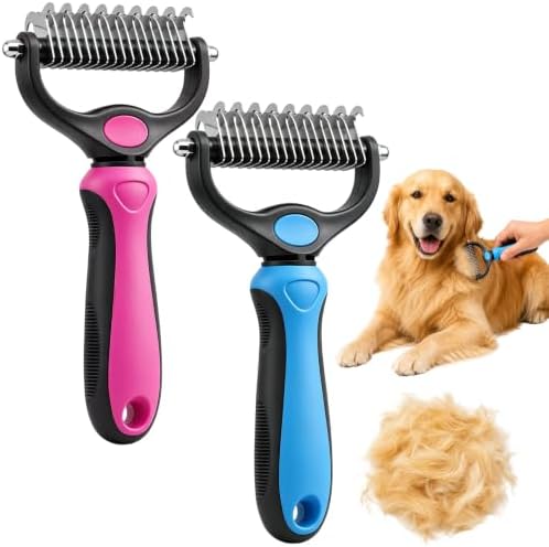 2PCS Pet Grooming Combo - Blue Deshedding Brush with Metal Comb for Detangling and Dematting Long, Matted Fur on Cats and Dogs (Pink+Blue) by Unknown