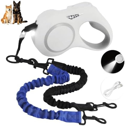 16.4ft LED 360° Dual Retractable Dog Leash for Medium Dogs 35–55 lbs, USB Rechargeable LED Light, 360° Tangle-Free, Detachable Front Lead & Emergency Ready, Reflective Elastic (White) by VEThalasynTech