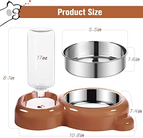 Dog Bowls, Cat Food and Water Bowl Set with Water Dispenser and Stainless Steel Bowl for Cats and Small Dogs - Brown - Image 5