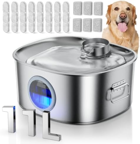 Dog Water Fountain Stainless Steel, 11L/2.8Gal Large Pet Water Fountain for Large Dogs Inside, Dog Fountain Water Bowl Automatic Dispenser with Visible Window & LED, Ultra Quiet (with 8pcs Filters) by MAILOFY