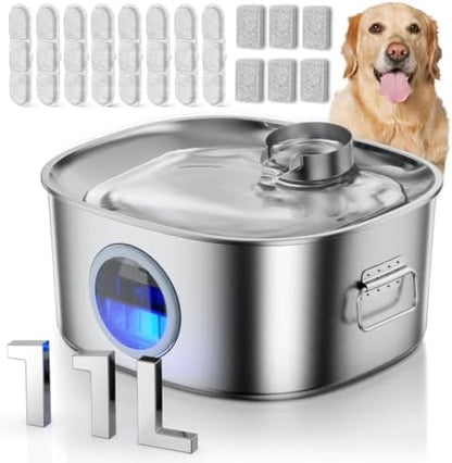 Dog Water Fountain Stainless Steel, 11L/2.8Gal Large Pet Water Fountain for Large Dogs Inside, Dog Fountain Water Bowl Automatic Dispenser with Visible Window & LED, Ultra Quiet (with 8pcs Filters) by MAILOFY