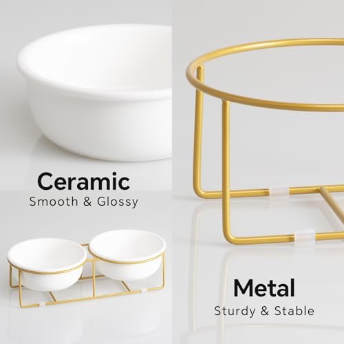 Elevated Dog Bowls for Food and Water - Double Ceramic Bowls with Metal Stand - Pet Feeding Set for Small Dogs and Cats - Each Holds 400ml / 2 Cups (Approx. 200g) - White - Image 3