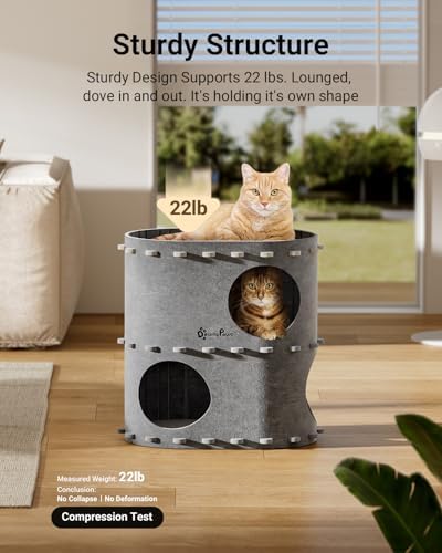 DownyPaws Cat House for Indoor Cats, 2-Storey Cat Bed Cave, Light Gray - Image 5