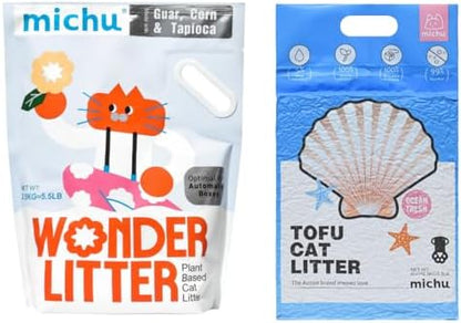 Michu Tofu Cat Litter Natural Clumping Tofu Cat Litter 5.5lb/88oz 5 Scents (Ocean Fresh + Wonder Litter, 2 Pack) by Michupet