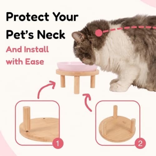 Slow Feeder Cat Bowls with Bamboo Stand, Ceramic Elevated Pet Food Plates for Cats and Small Dogs, Raised Non-Slip Feeder (Pink/6.3") - Image 4