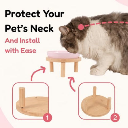 Slow Feeder Cat Bowls with Bamboo Stand, Ceramic Elevated Pet Food Plates for Cats and Small Dogs, Raised Non-Slip Feeder (Pink/6.3") - Image 4