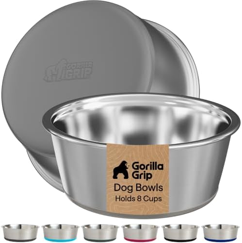 GORILLA GRIP Dog Bowls, Food Grade Stainless Steel, Set of 2, 8 Cup, Gray by GorillaGrip