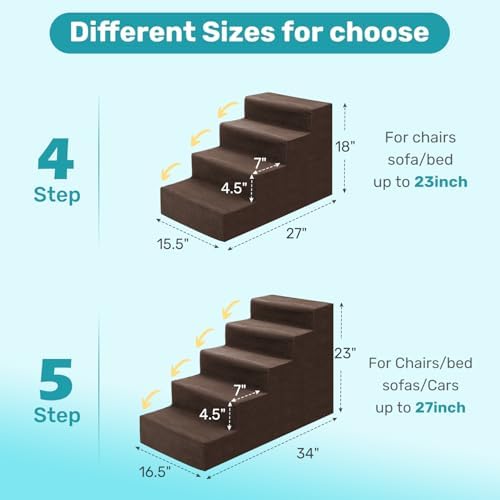 Dog Stairs for Bed, Extra Wide 5-Step Dog Steps for High Bed, High-Density Foam Pet Stairs with Non-Slip Removable Washable Cover for Small Pets, 23" H, Brown - Image 2