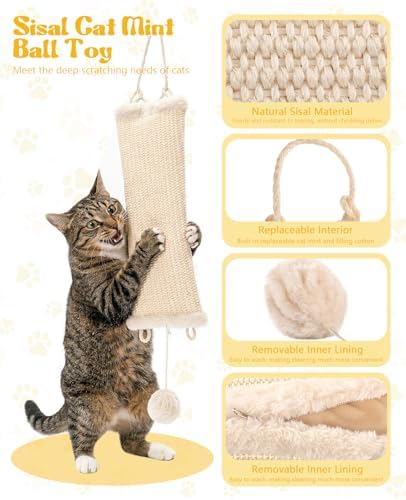 16.5 Inch Sisal Catnip Pillow Toy Kickers, Washable Sisal Cover, Interactive Cat Toys with Sisals Balls for Indoor Scratching, Chewing & Teething, Fun for Kittens and Adult Cats (Beige) - Image 3