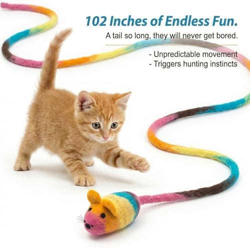Glaciart One Felt Mouse Cat Toy – Soft Fuzzy Enrichment 100% Natural Wool - Interactive Catnip Play Cat Toy Set - Safe for Pets, Non-AZO Colored Dyes - 100” Long - Image 2