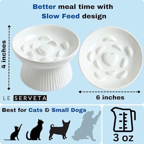 2 Pack Ceramic Slow Feeder Cat Bowl, Raised Puzzle Feeder, Anti Vomiting, Elevated Food Bowl, Whisker Friendly (White) - Image 2