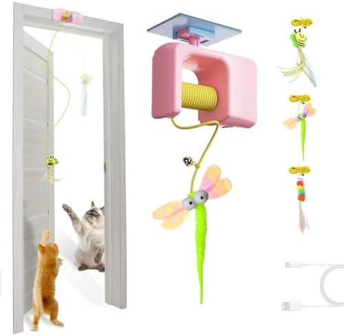 Automatic Interactive Hanging Rope Cat Toy,3 Feather Refills,Pink by Booteely