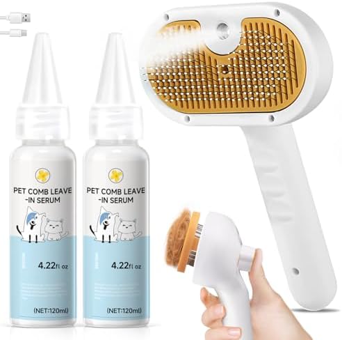 Pet Steam Brush for Dog & Cat – shower bath brush – Steam for Shedding & Grooming Water Brush for Long & Short Haired Pets Spritz Defur Comb 3-in-1 Spray Hair Removal Comb Includes 1*Waterless Shampoo by VVWVVW