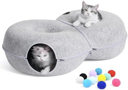 8-Shaped Large Cat Tunnel Bed for Indoor Cats, Infinite Circulation Peekaboo Cat Cave with 12 Toy Balls, Cat Donut Tunnel for Cats up to 30 Pounds (Light Grey, L 38x24x11in) by LovIntry