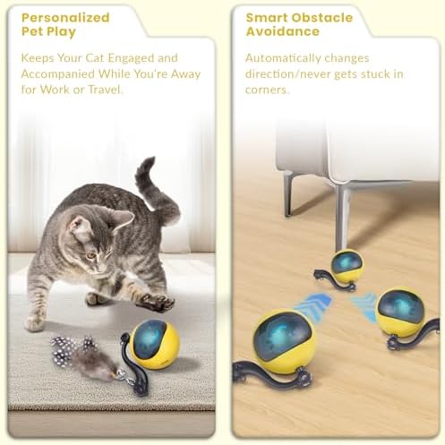 Interactive Cat Toy Ball, Automatic Self-Rolling Cat Toy with Feather Tail, Rechargeable Smart Cat Ball for Indoor Cats（Yellow） - Image 5