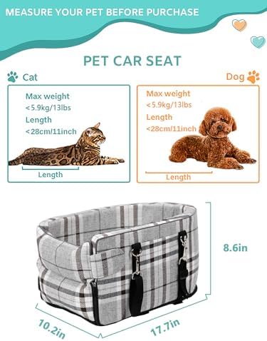 Prpeko Small Dog Car Seat, Portable Dog Seat with Soft Washable Cushion,Center Console Dog Car Seat for Small Dogs Up to 13lbs(Grid Grey) - Image 2
