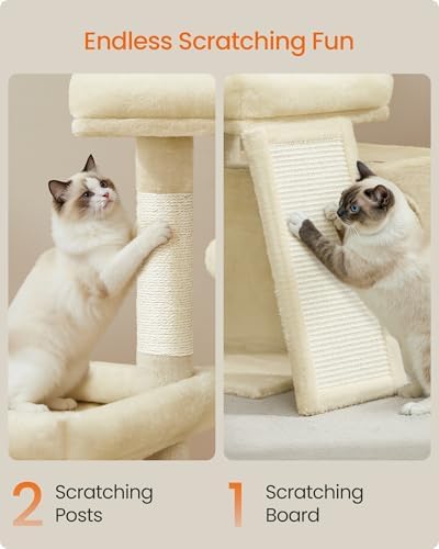 Feandrea Cat Tree, 33.8" Cat Tower Condo, Scratching Posts and Ramp, Beige - Image 6
