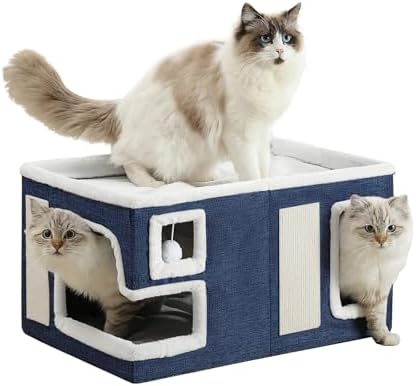 Large Cat Houses for Indoor Cats, Extra Wide Cat Cave Bed with Scratch Pad and Fluffy Ball, Foldable Cat Hideaway Condo for Large Cats, Modern Kitten Bed,23x16x13 inches (Blue, X-Large) by Unknown