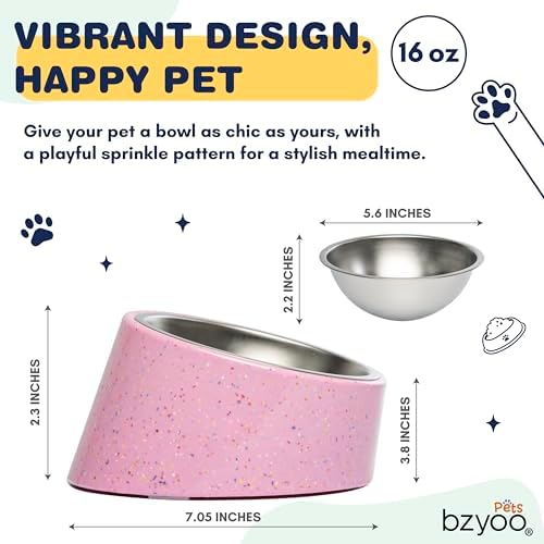 bzyoo 16oz Tilted Dog Bowl for Small Dogs & Cats, 15° Elevated Stainless Steel Pet Feeder, Ergonomic Anti-Vomiting Food Bowl for Frenchie, Pug, Persian Cat, Non-Skid Melamine Stand, Sprinkle (Pink) - Image 2