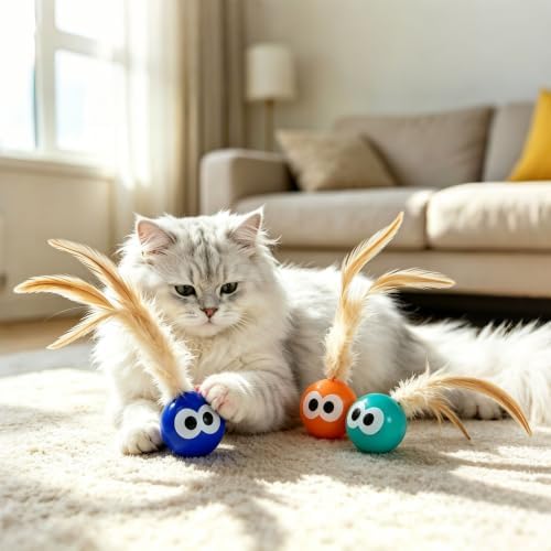 Bouncy Cat Toys with Feathers 3-Pack, Interactive Rubber Ball with Goofy Eyes and Natural Tail for Indoor Cats & Kittens, High Elastic Bouncing Toy for Chase Hunt Play - Image 5