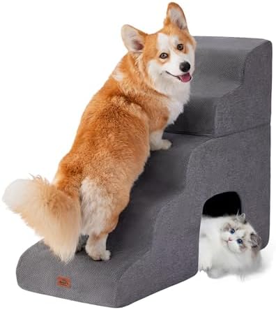 Gray Curved Dog Stairs Ramp for High Beds 28.7" H, 5-Step Dog Steps for Small Dogs and Cats, Pet Stairs for High Bed Climbing, Non-Slip Balanced Pet Step by MASSFU