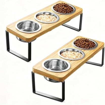 2 Pack Elevated Cat Bowls with 3 Stainless Steel Bowls | 10° Tilted Anti-Vomiting Raised Cat Food Bowl for Small Cats and Puppies Pet Bowl with Stand by AKAOLA