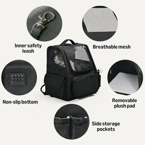 Amazon Basics Pet Backpack for Cats & Small Dogs, Collapsible Travel Carrier with Ventilated Mesh, Removable Pad, and Safety Leash, Black - Image 6