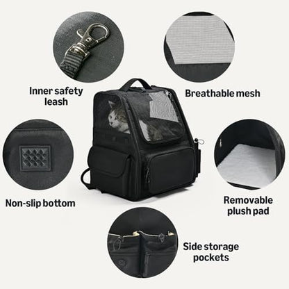 Amazon Basics Pet Backpack for Cats & Small Dogs, Collapsible Travel Carrier with Ventilated Mesh, Removable Pad, and Safety Leash, Black - Image 6