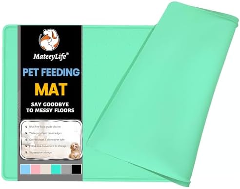 MateeyLife Dog & Cat Food Mat - Waterproof, Nonslip Dog Bowl Mats with Raised Edges, Silicone Matt Tray for Messy Drinkers, 22"x14", MintGreen by MateeyLife