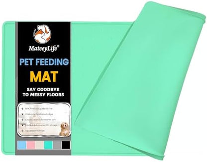 MateeyLife Dog & Cat Food Mat - Waterproof, Nonslip Dog Bowl Mats with Raised Edges, Silicone Matt Tray for Messy Drinkers, 22"x14", MintGreen by MateeyLife