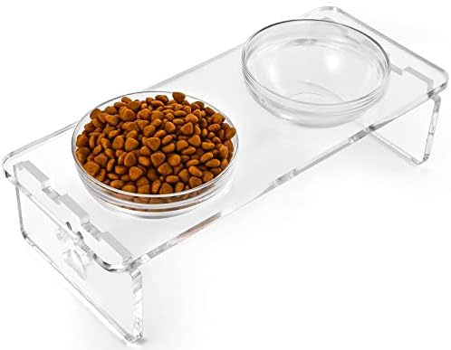 Elevated Dog & Cat Bowls – 3.75” Acrylic Raised Pet Feeder Stand with 2 Stainless Steel & 2 Glass Bowls – Food & Water Dish Set for Puppy/Small Dogs & Cats by Feoyoho