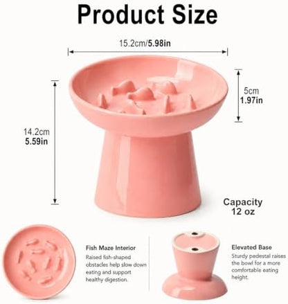 Cat Slow Feeder Bowl, Ceramic Elevated Cat Slow Feeder Bowl, Shallow Wide Opening Dish for Kitty, Anti Vomiting for Dry and Wet Food, Anti-Slip Design, Pink - Image 3