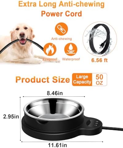 Heated Water Bowl for Dog & Cat, 3 Temperature Settings & 12H Timer, Outdoor Heated Pet Bowl with BPA-Free and 50oz Removable Stainless Steel Bowl, Anti-Chew Cord, for Chickens, Ducks, Birds - Image 5