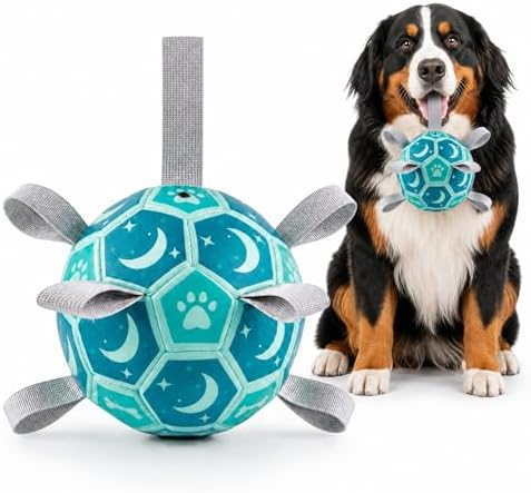 Dog Soccer Ball with Straps, 7.25 Inch Herding Dog Ball Toys Dog Birthday Toy, Balls for 30-90lbs Dogs, Outdoor Dog Toy for Medium Large Puppy, Interactive Toy for Tug, Water Toy Ball,Blue by Unknown