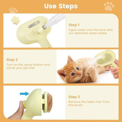3 in 1 Cat Steam Brush, Pet Spray Hair Removal Comb for Shedding & Grooming, Water Brush for Cats Dogs Small Animals Long Short Haired with One-Click Release Button(Yellow) - Image 6