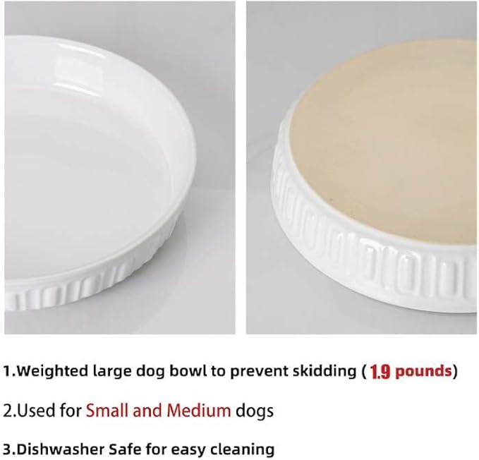 Fun Elements Shallow Dog Bowls, 8" Ceramic Dog Food Plate for Small and Medium Breeds, Non-Slip, Flat and Wide, Dishwasher Safe, Suitable for Puppies and Kittens (White)
