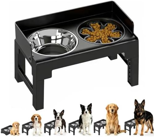 PAKEWAY Elevated Dog Bowls for Medium and Large Dogs, Spill-Proof Tiltable Dog Feeder with Slow Feeder Bowl and Stainless Steel Water Bowl, 6-Height Adjustable Raised Dog Bowl Stand by PAKEWAY