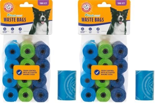 Arm & Hammer Easy-Tear Disposable Dog And Cat Waste Bags With Activated Baking Soda, 180 Dog Poop Bags, 9 x 14 Inches, (Pack of 2) by ARMHAMMER
