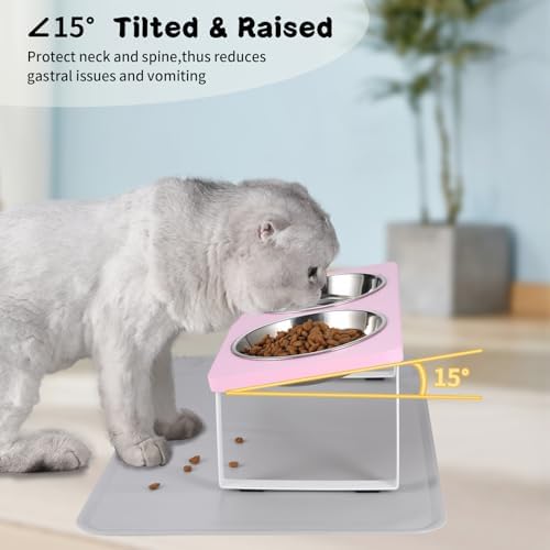 Summark Upgraded Elevated Cat Bowls with Food Mat,15°Tilted Stand Anti Vomiting Raised Cat Dishes for Food and Water,2 Stainless Steel Bowls for Cats and Puppy（Pink） - Image 4