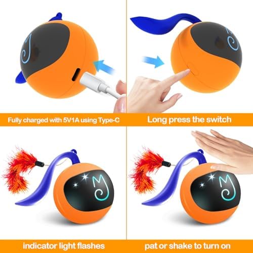 Migipaws Interactive Cat Ball Toy Set, Fun Tracker, Automatic Rolling Chase Ball with Fluffy Tail, A Small Mice, Rechargeable (Orange) - Image 6