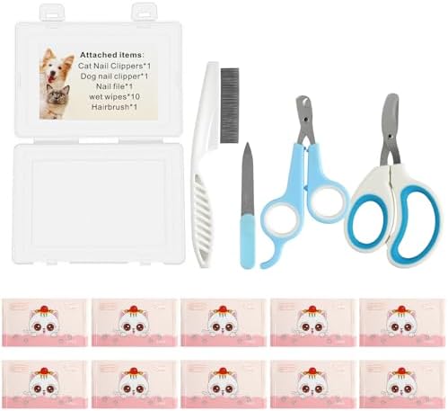 Pet Nail Clippers Kit for Cats and Dogs, Professional Grooming Set with Cat and Dog Nail Clippers, Nail File, Hairbrush, 10 Wet Wipes, Storage Case by Unknown