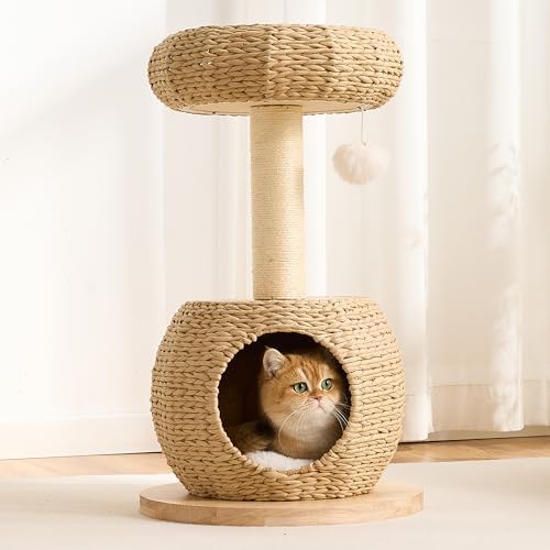 Modern Cat Tree for Indoor Small & Medium Cats, 30" H Solid Wood & Rattan Cat Tower with Handwoven Wicker Cat Bed & Cave, Ultra-Soft & Washable Cushions, Natural Sisal Scratching Posts by Kicari