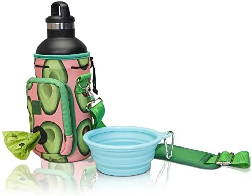 Made Easy Kit Water Bottle Carrier with Pocket for Dog Poop Waste Bags and Adjustable Padded Shoulder Strap (Large (32oz) with Bowl, Green/Pink, Avocado) by MadeEasyKit