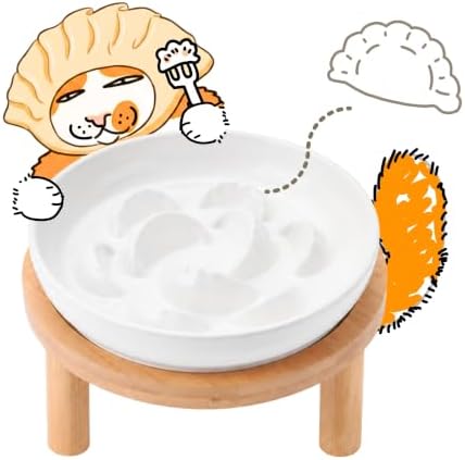 Slow Feeder Cat Bowls with Bamboo Stand, Ceramic Elevated Pet Food Plates for Cats and Small Dogs, Raised Non-Slip Feeder (White/6.3") by Tafelf