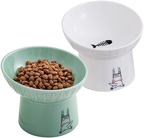 6.5 Inch Tilted Elevated Cat Bowls, Ceramic Extra Wide Raised Cat Bowl Set by OMAYKEY