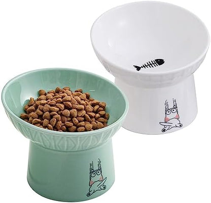 6.5 Inch Tilted Elevated Cat Bowls, Ceramic Extra Wide Raised Cat Bowl Set by OMAYKEY