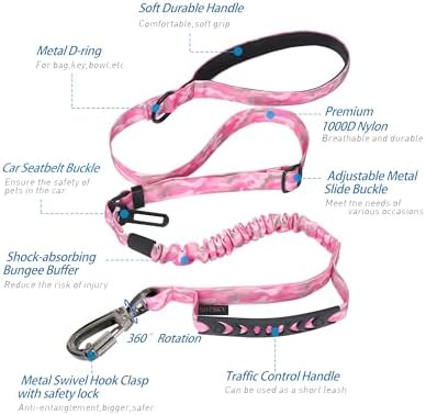 Hotsky Tactical Bungee Shock Absorbing No Pull Dog Leash,Pink Camo,4-6FT - Image 2