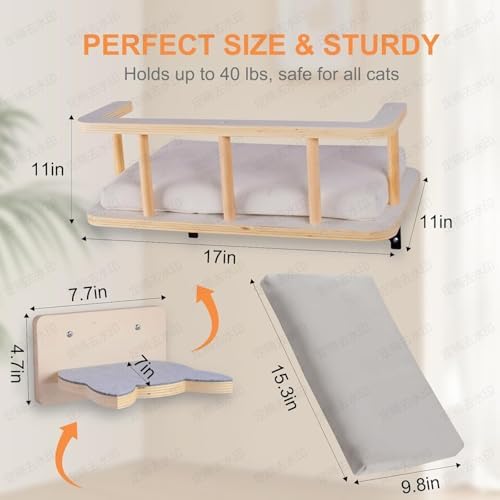 Solid Wood Wall Mounted Cat Steps, Cat Wall Furniture Shelves Stairs Perch(Grey) - Image 4